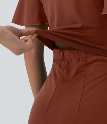 Round Neck Short Sleeve Tie Front Wide Leg Jumpsuit with Pockets-Easy Peezy Edition