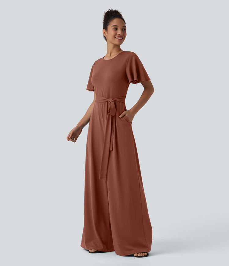 Round Neck Short Sleeve Tie Front Wide Leg Jumpsuit with Pockets-Easy Peezy Edition