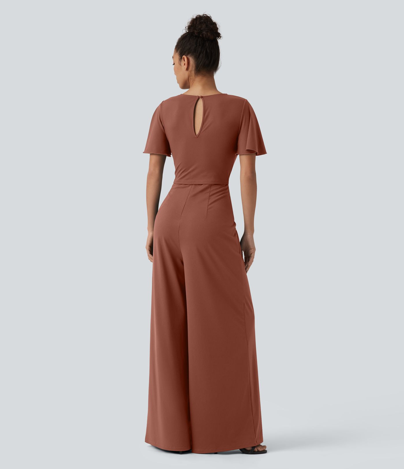 Round Neck Short Sleeve Tie Front Wide Leg Jumpsuit with Pockets-Easy Peezy Edition
