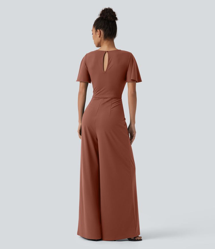 Round Neck Short Sleeve Tie Front Wide Leg Jumpsuit with Pockets-Easy Peezy Edition