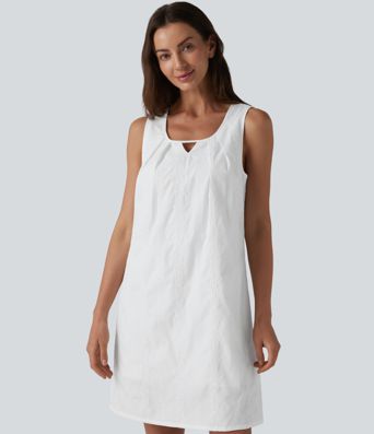 U Neck Sleeveless Embroidery Mini Dress