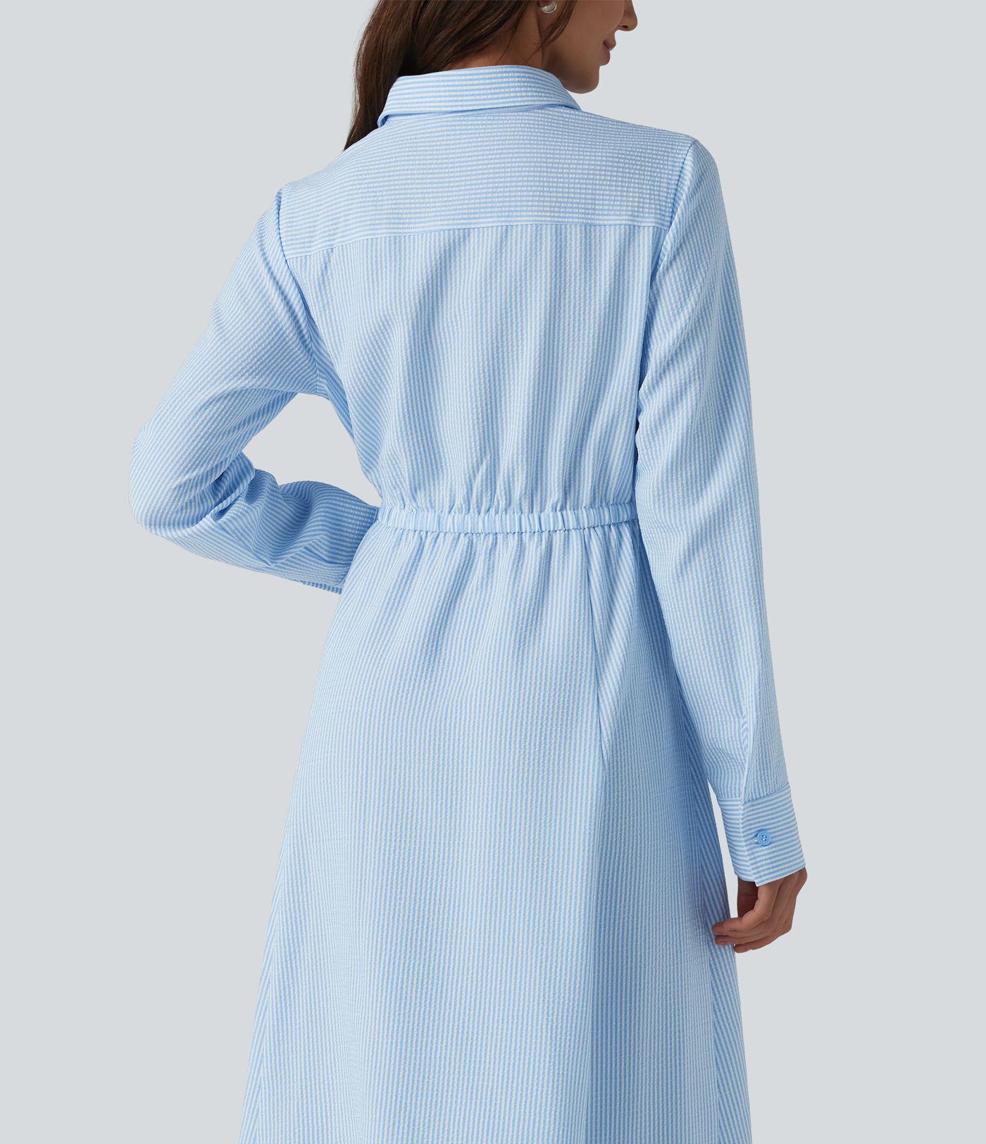 Collar Long Sleeve Tie-front Stripes Midi Work Shirt Dress