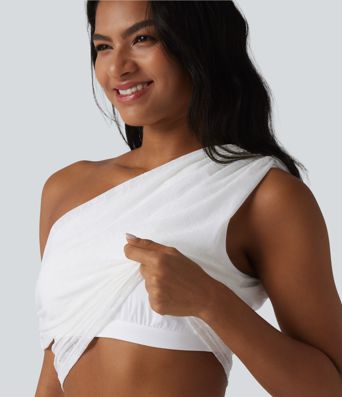 Casual, one-shoulder sports top in ruched lace with built-in bra