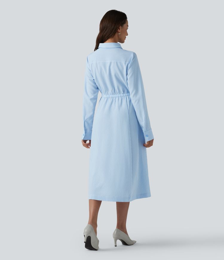 Collar Long Sleeve Tie-front Stripes Midi Work Shirt Dress