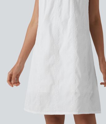 U Neck Sleeveless Embroidery Mini Dress