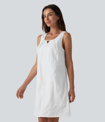 U Neck Sleeveless Embroidery Mini Dress