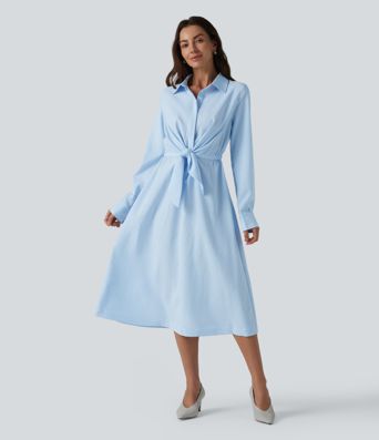 Collar Long Sleeve Tie-front Stripes Midi Work Shirt Dress