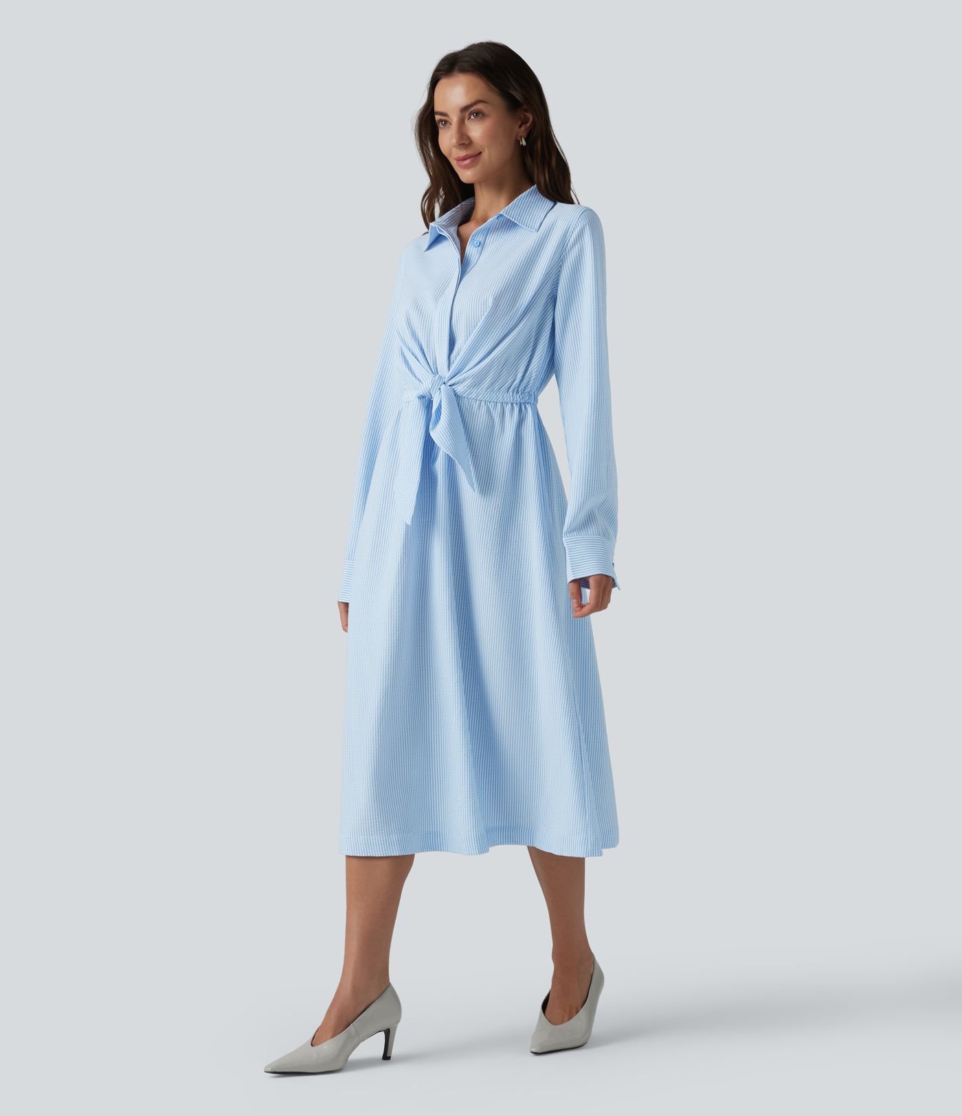 Collar Long Sleeve Tie-front Stripes Midi Work Shirt Dress