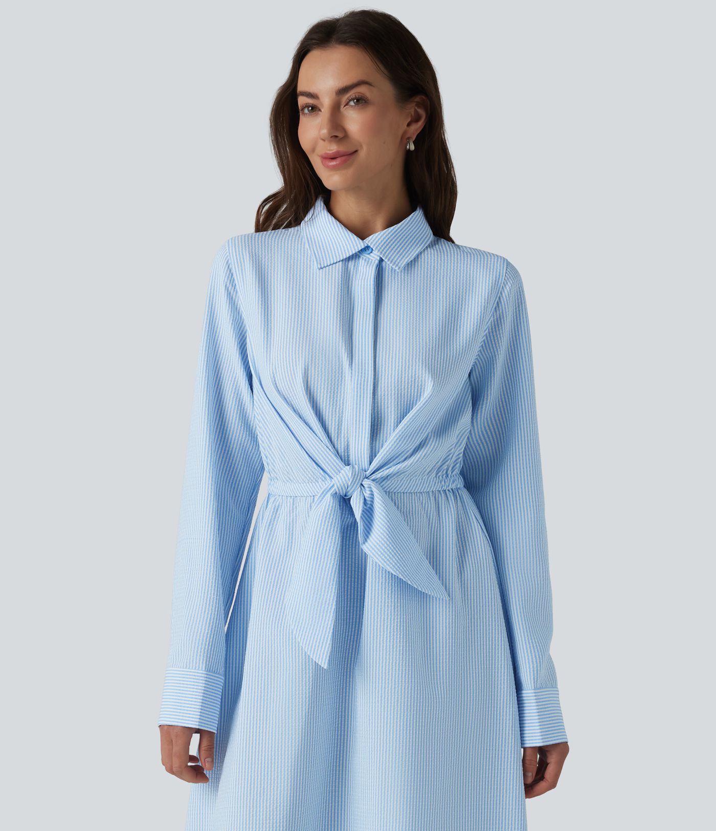Collar Long Sleeve Tie-front Stripes Midi Work Shirt Dress