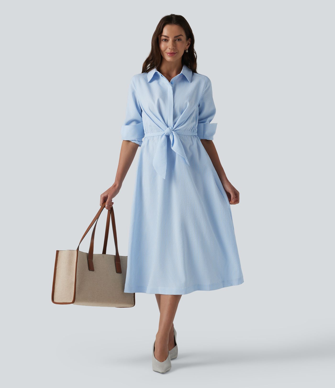 Collar Long Sleeve Tie-front Stripes Midi Work Shirt Dress