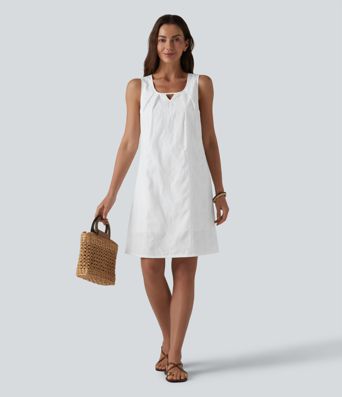U Neck Sleeveless Embroidery Mini Dress