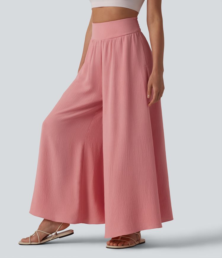 High Waisted Shirred Linen-Feel Casual Flowy Pants with Pockets
