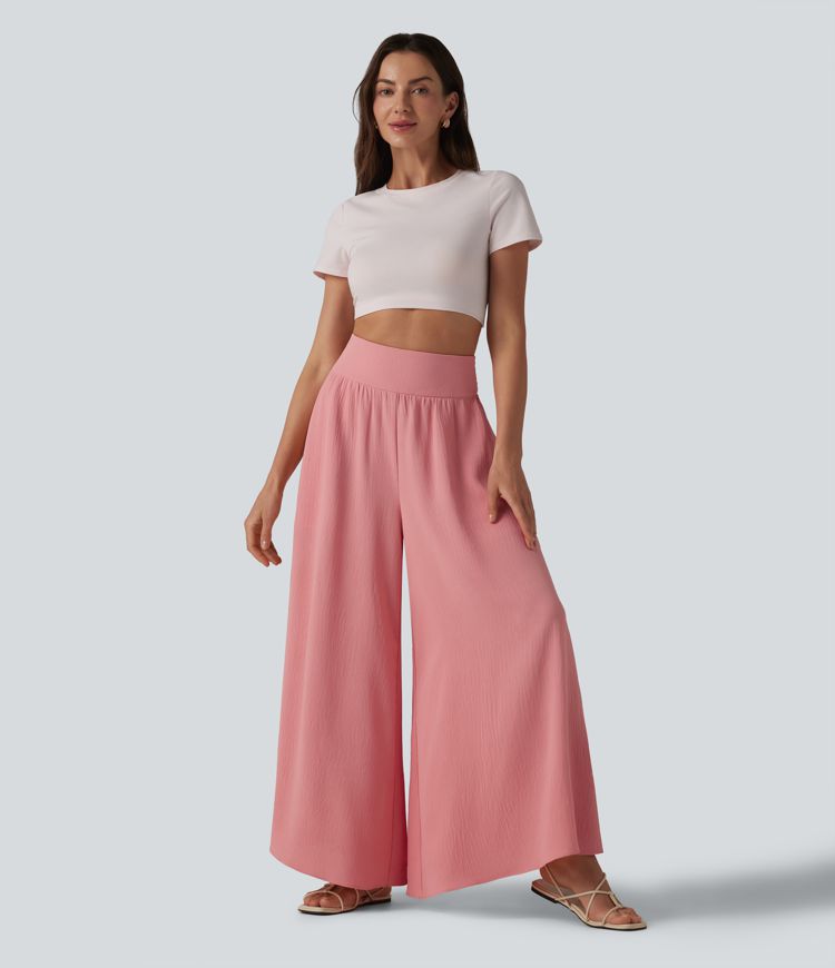 High Waisted Shirred Linen-Feel Casual Flowy Pants with Pockets