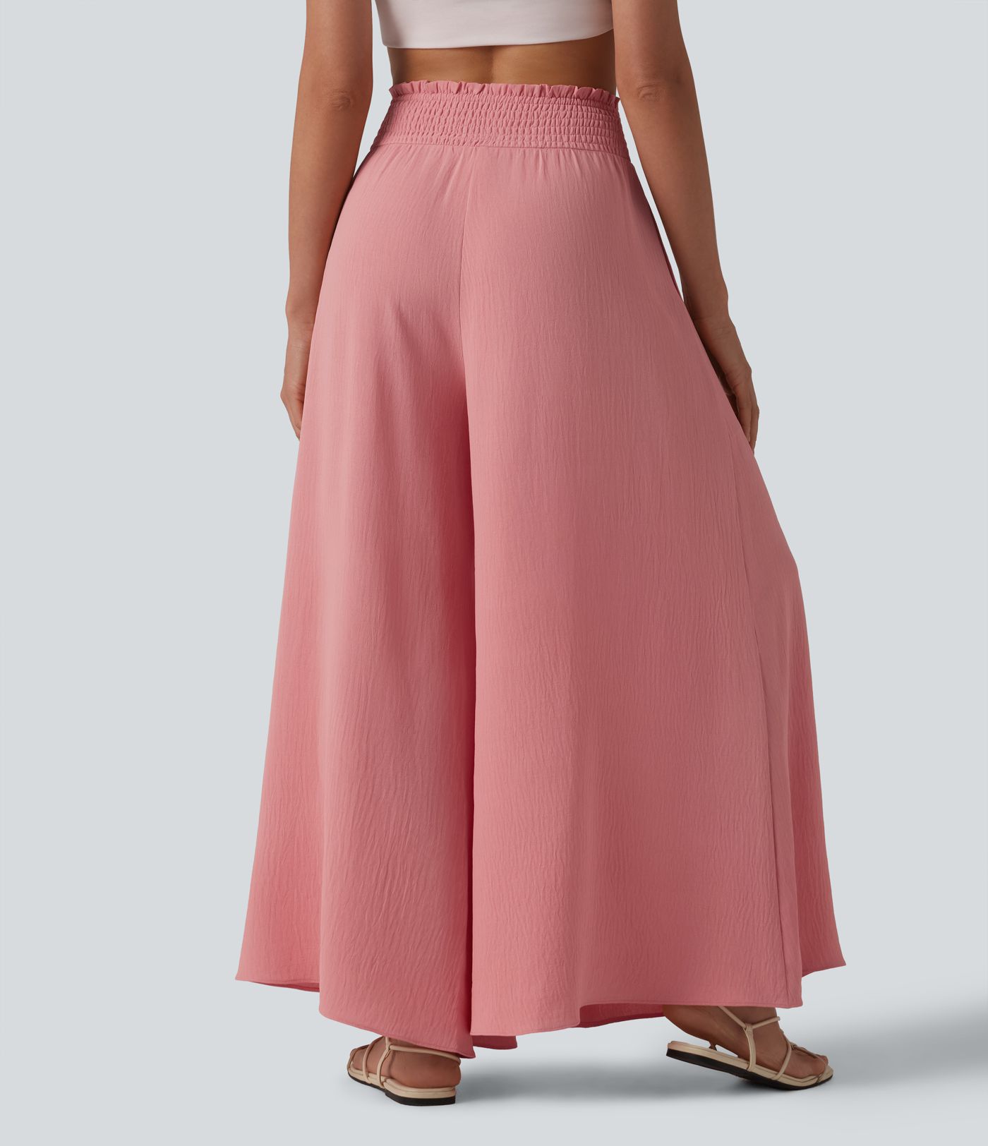 High Waisted Shirred Linen-Feel Casual Flowy Pants with Pockets