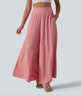 High Waisted Shirred Linen-Feel Casual Flowy Pants with Pockets