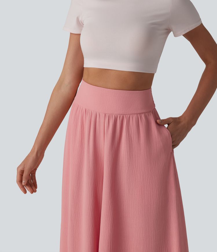 High Waisted Shirred Linen-Feel Casual Flowy Pants with Pockets