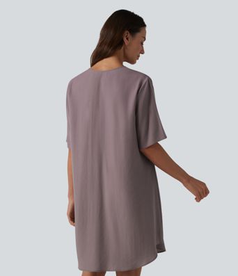 Robe tunique courte décontractée en lyocell à col en V et manches courtes, ornée de dentelle contrastée