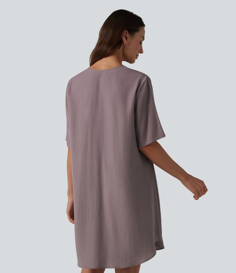 Robe tunique courte décontractée en lyocell à col en V et manches courtes, ornée de dentelle contrastée