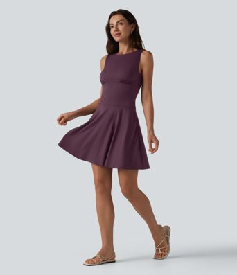 Robe mini évasée décontractée sans manches col bateau avec poches