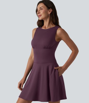 Robe mini évasée décontractée sans manches col bateau avec poches