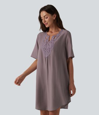 Robe tunique courte décontractée en lyocell à col en V et manches courtes, ornée de dentelle contrastée