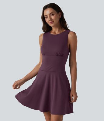 Robe mini évasée décontractée sans manches col bateau avec poches