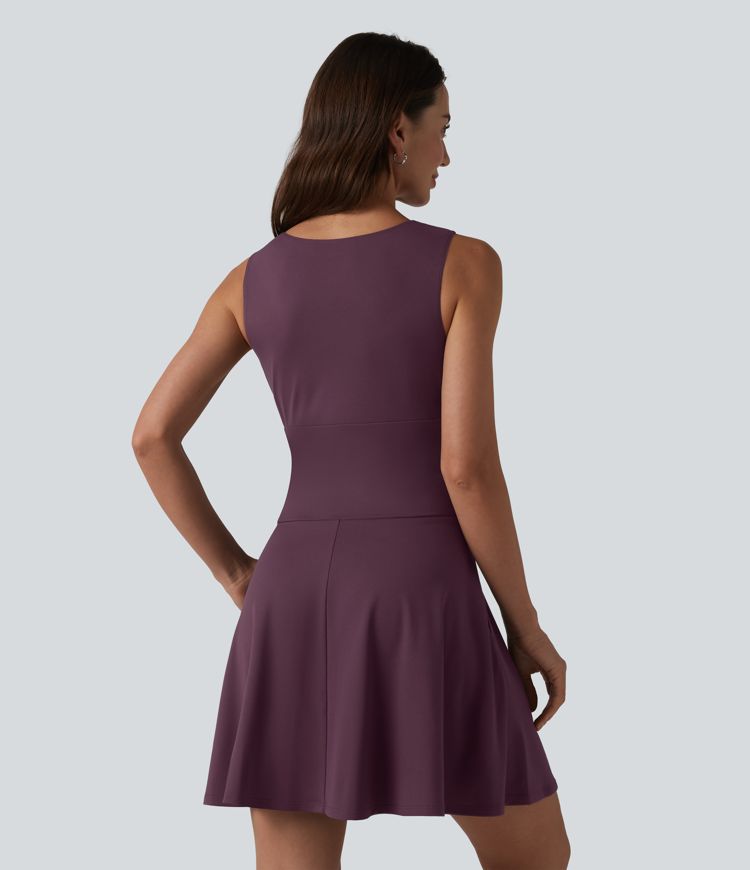 Robe mini évasée décontractée sans manches col bateau avec poches