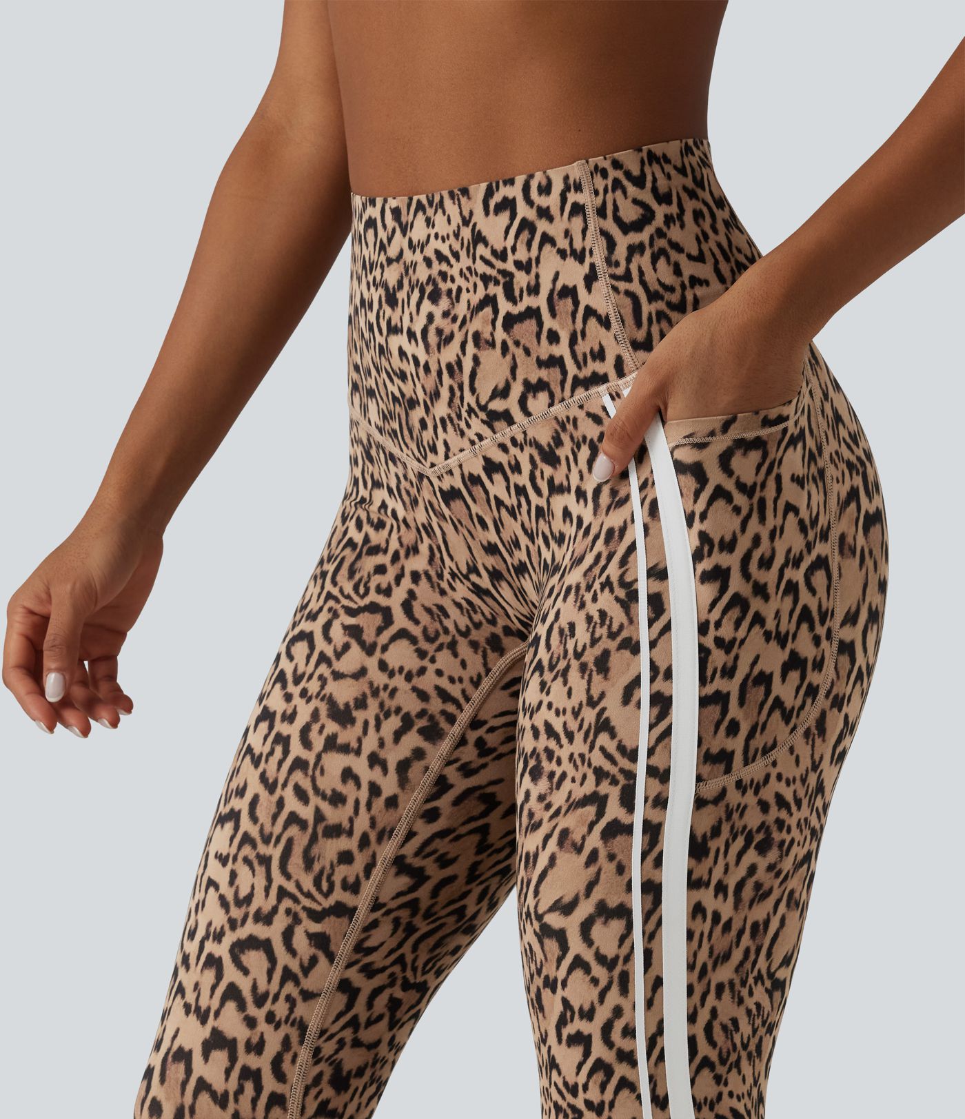 Halara UltraSculpt™ Leopard Print High Waisted Tummy Control Color Block Stripe Capri Training Leggings with Pockets