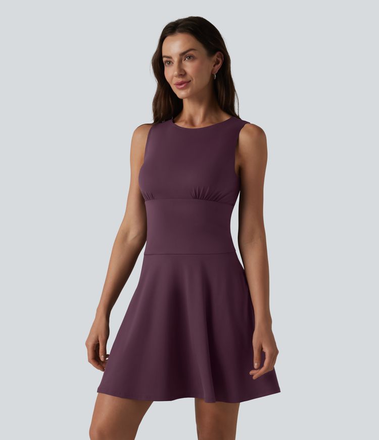 Robe mini évasée décontractée sans manches col bateau avec poches