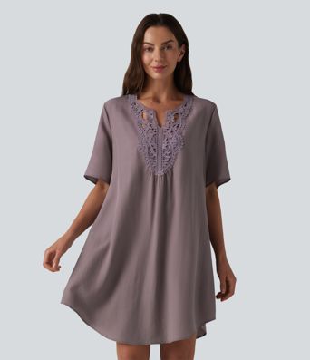 Robe tunique courte décontractée en lyocell à col en V et manches courtes, ornée de dentelle contrastée