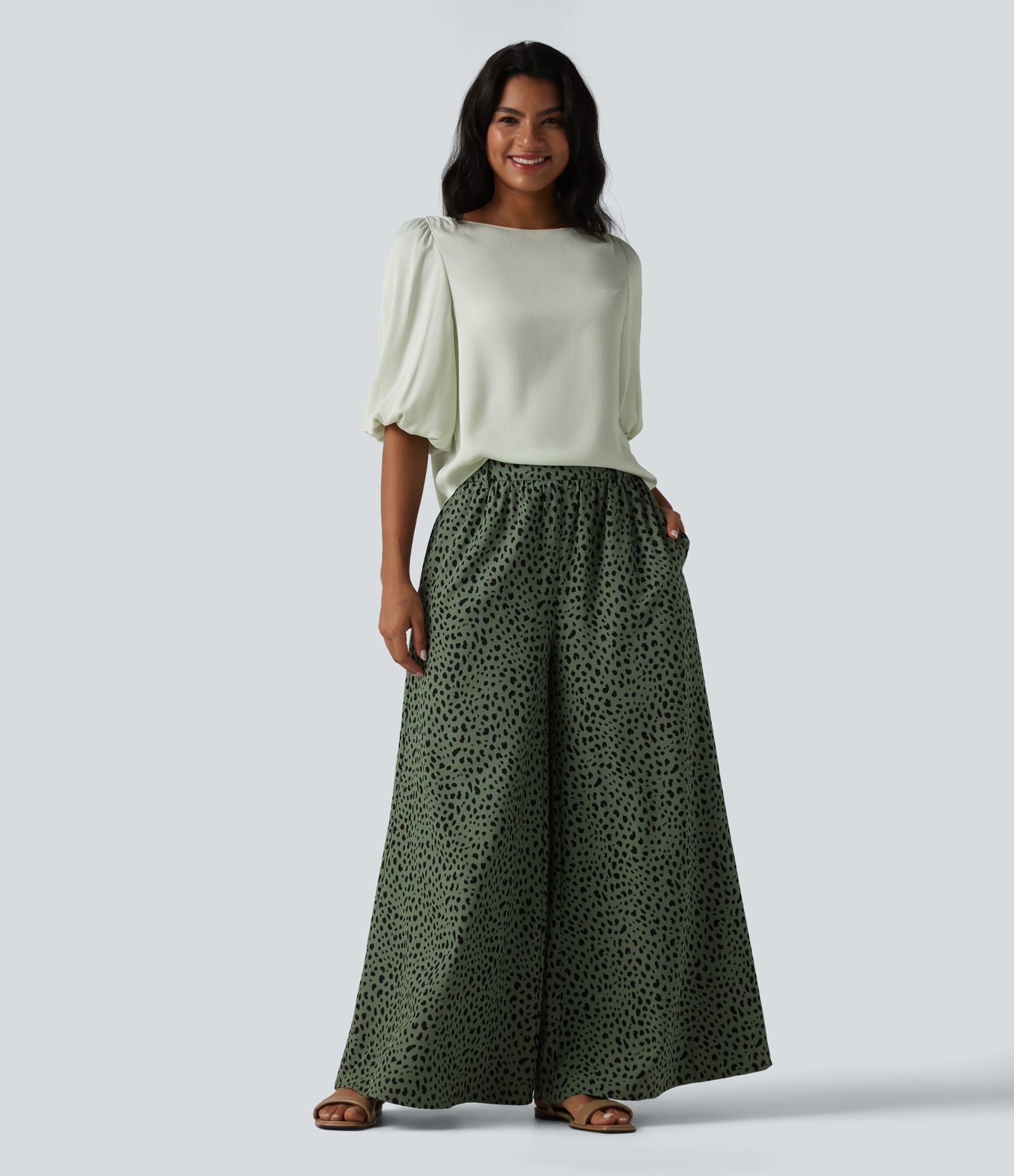 Puff Sleeve Curved Hem Texture Casual Blouse