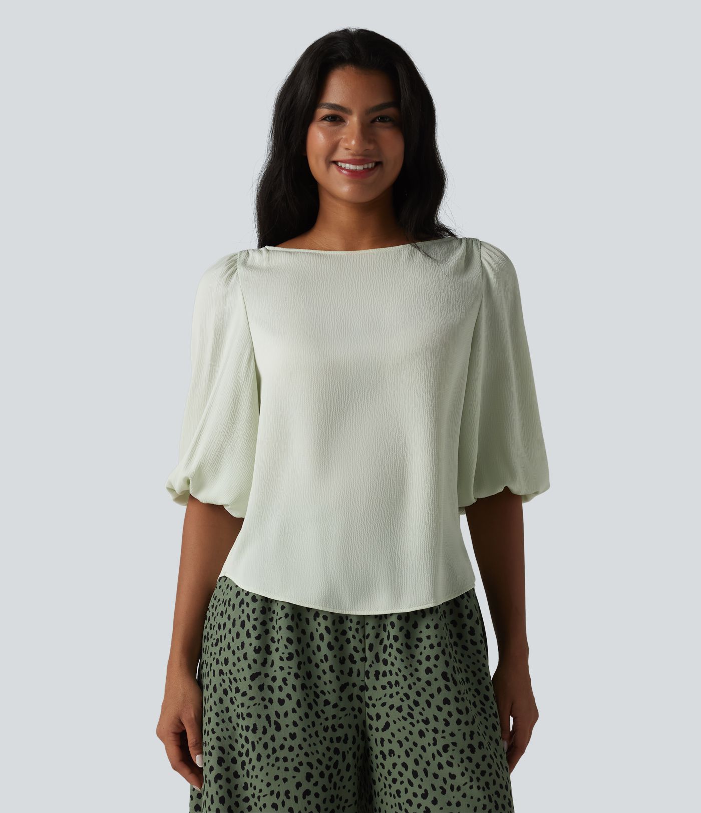 Puff Sleeve Curved Hem Texture Casual Blouse