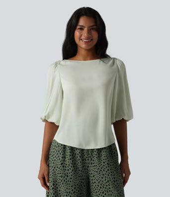 Puff Sleeve Curved Hem Texture Casual Blouse
