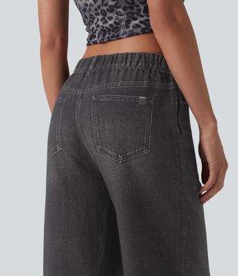 Halara Flex™ - Lässige Baggy-French-Terry-Denimjoggers mit mittelhohem Bund, Seitentaschen und weitem Bein