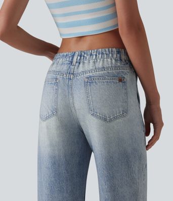 Mid Rise Denim Print French Terry Casual Sweatpants Jeans with Pockets Mid Rise Denim Print French Terry Casual Sweatpants Jeans with Pockets