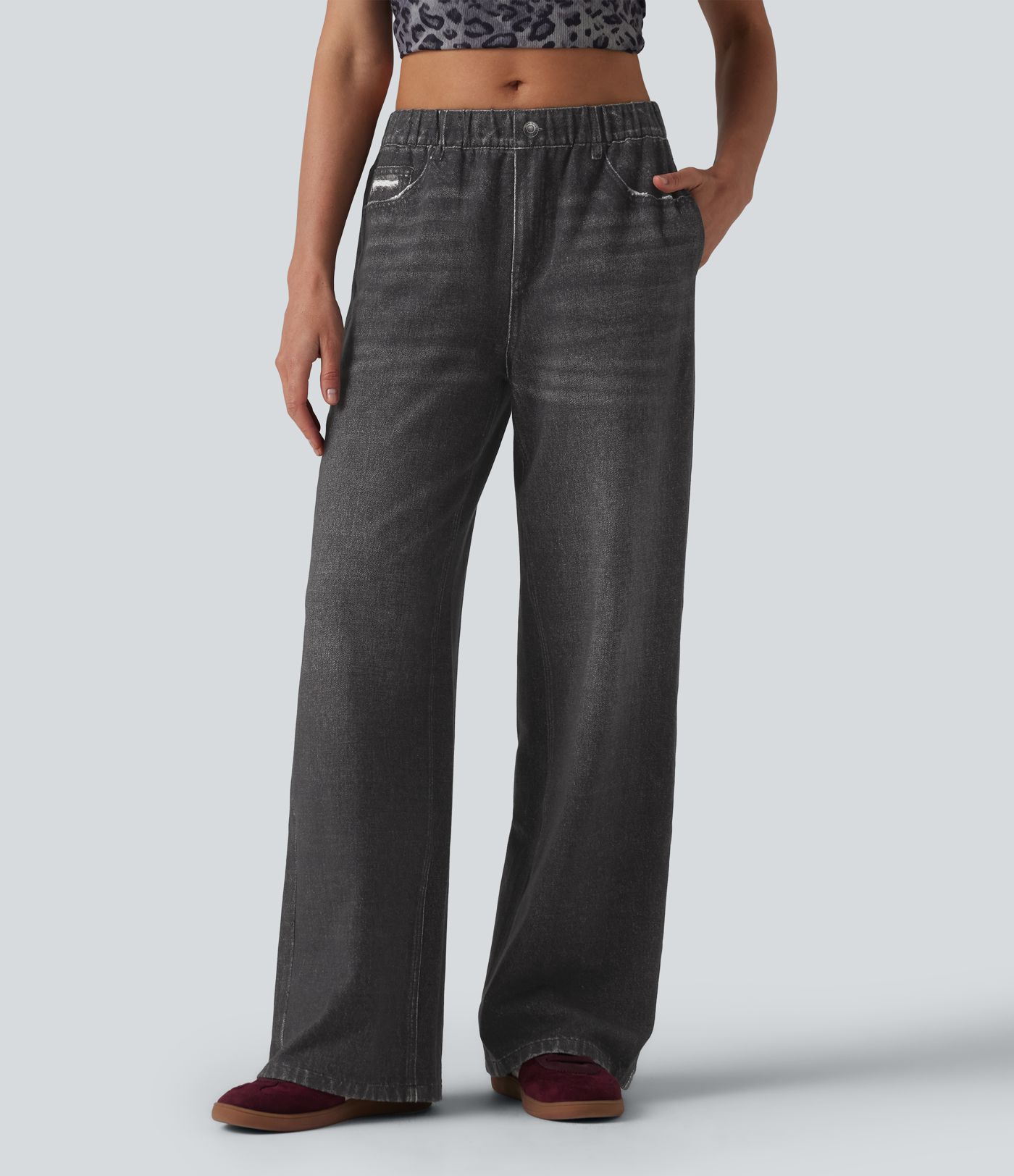 Halara Flex™ - Lässige Baggy-French-Terry-Denimjoggers mit mittelhohem Bund, Seitentaschen und weitem Bein