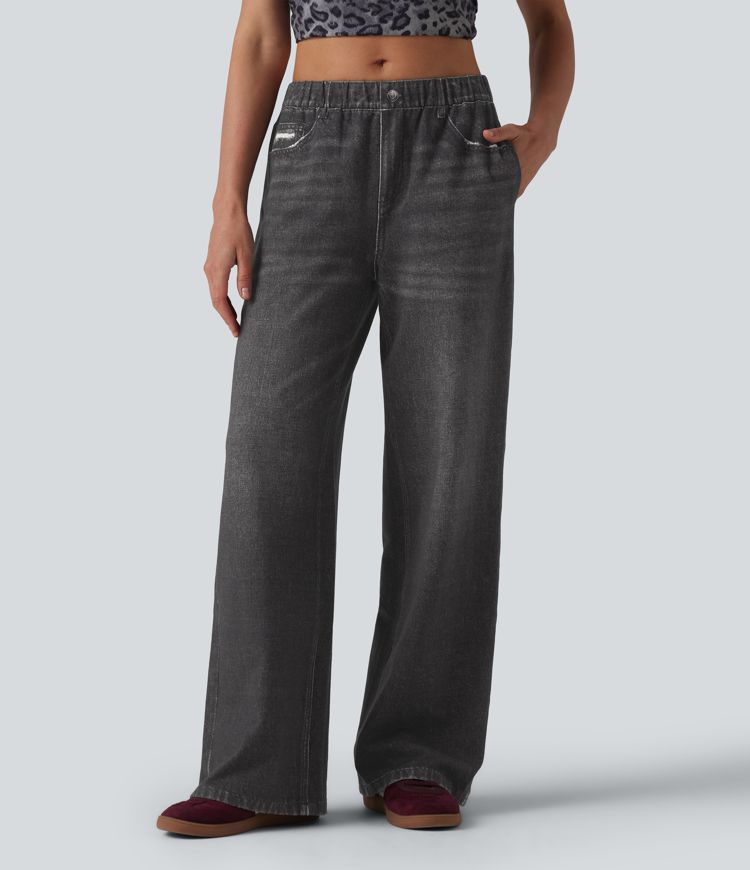 Halara Flex™ - Lässige Baggy-French-Terry-Denimjoggers mit mittelhohem Bund, Seitentaschen und weitem Bein