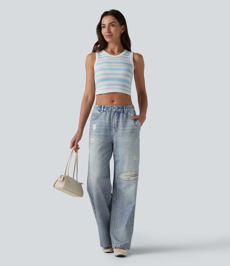 Mid Rise Denim Print French Terry Casual Sweatpants Jeans with Pockets Mid Rise Denim Print French Terry Casual Sweatpants Jeans with Pockets