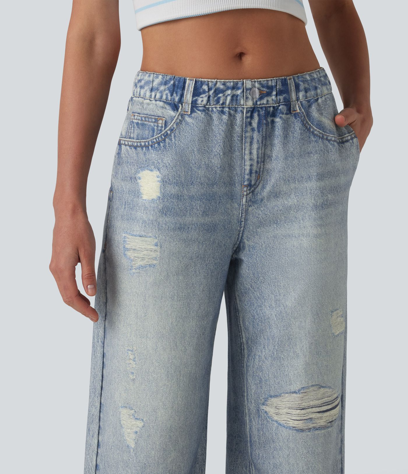 Mid Rise Denim Print French Terry Casual Sweatpants Jeans with Pockets Mid Rise Denim Print French Terry Casual Sweatpants Jeans with Pockets