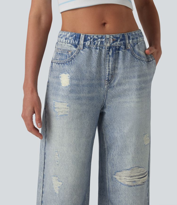 Mid Rise Denim Print French Terry Casual Sweatpants Jeans with Pockets Mid Rise Denim Print French Terry Casual Sweatpants Jeans with Pockets