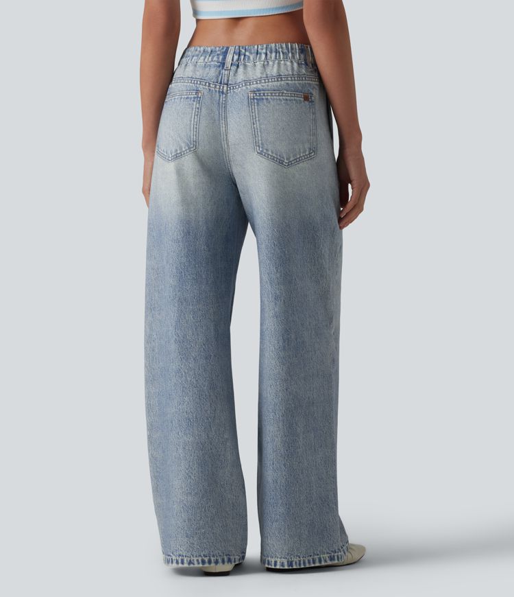 Mid Rise Denim Print French Terry Casual Sweatpants Jeans with Pockets Mid Rise Denim Print French Terry Casual Sweatpants Jeans with Pockets