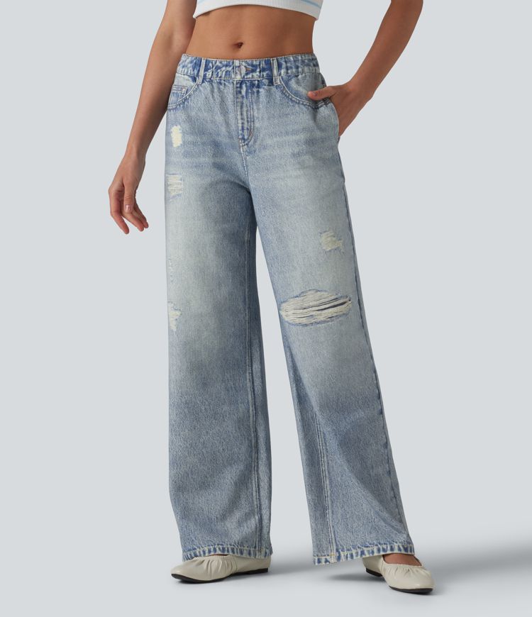 Mid Rise Denim Print French Terry Casual Sweatpants Jeans with Pockets Mid Rise Denim Print French Terry Casual Sweatpants Jeans with Pockets