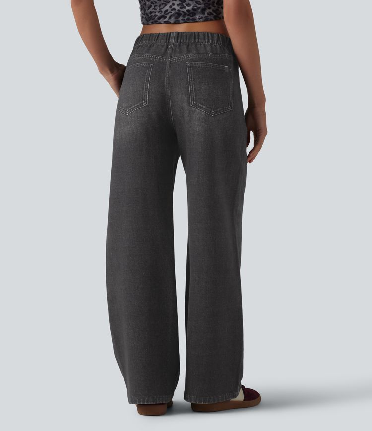 Halara Flex™ - Lässige Baggy-French-Terry-Denimjoggers mit mittelhohem Bund, Seitentaschen und weitem Bein