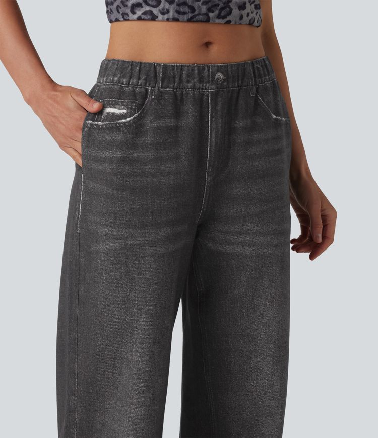 Halara Flex™ - Lässige Baggy-French-Terry-Denimjoggers mit mittelhohem Bund, Seitentaschen und weitem Bein