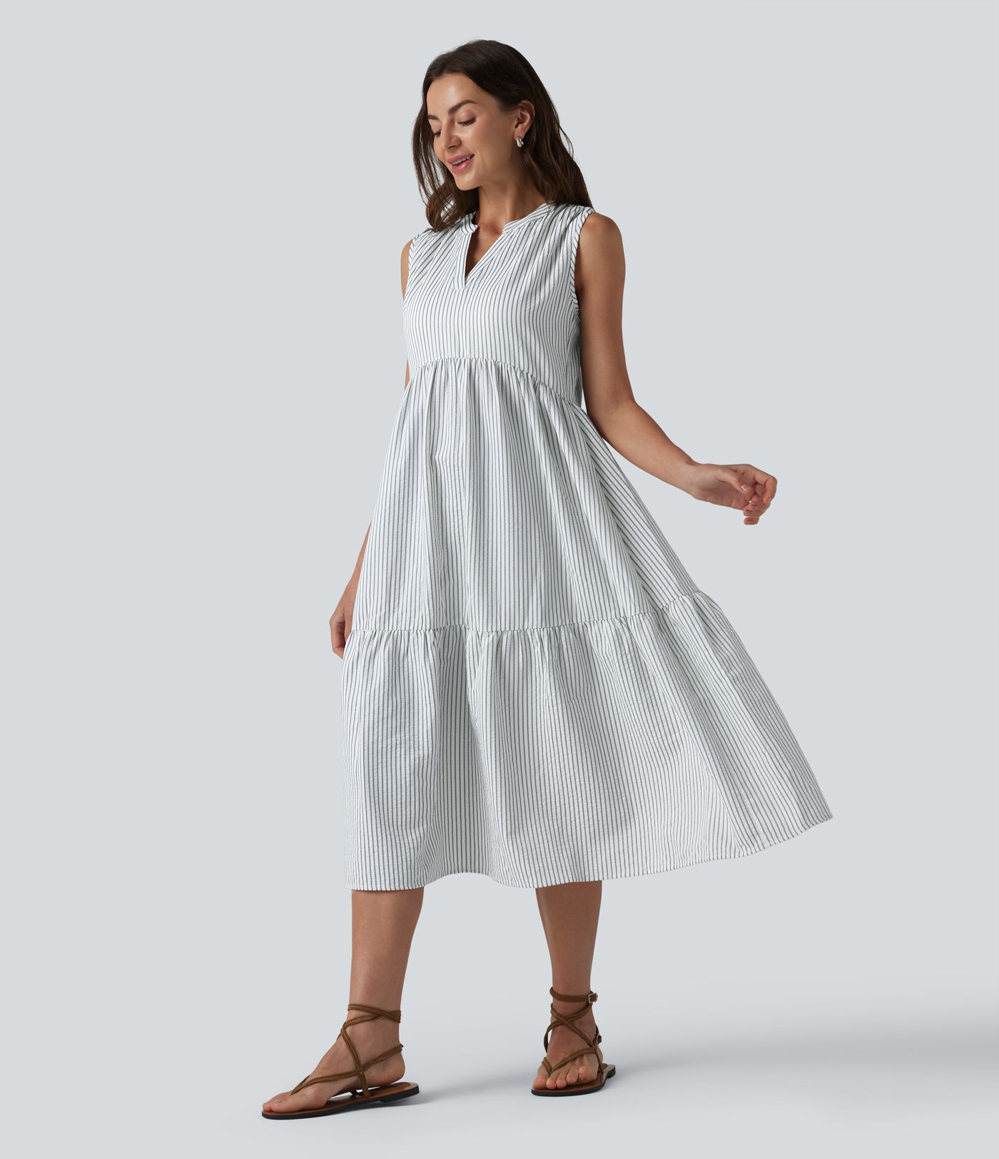 V Neck Built-in Bra Sleeveless Stripe Midi Dress