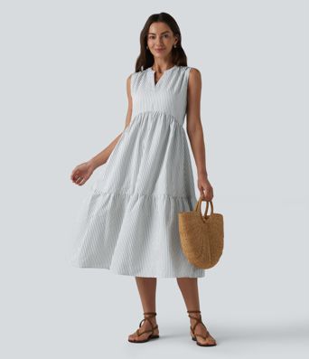 V Neck Built-in Bra Sleeveless Stripe Midi Dress