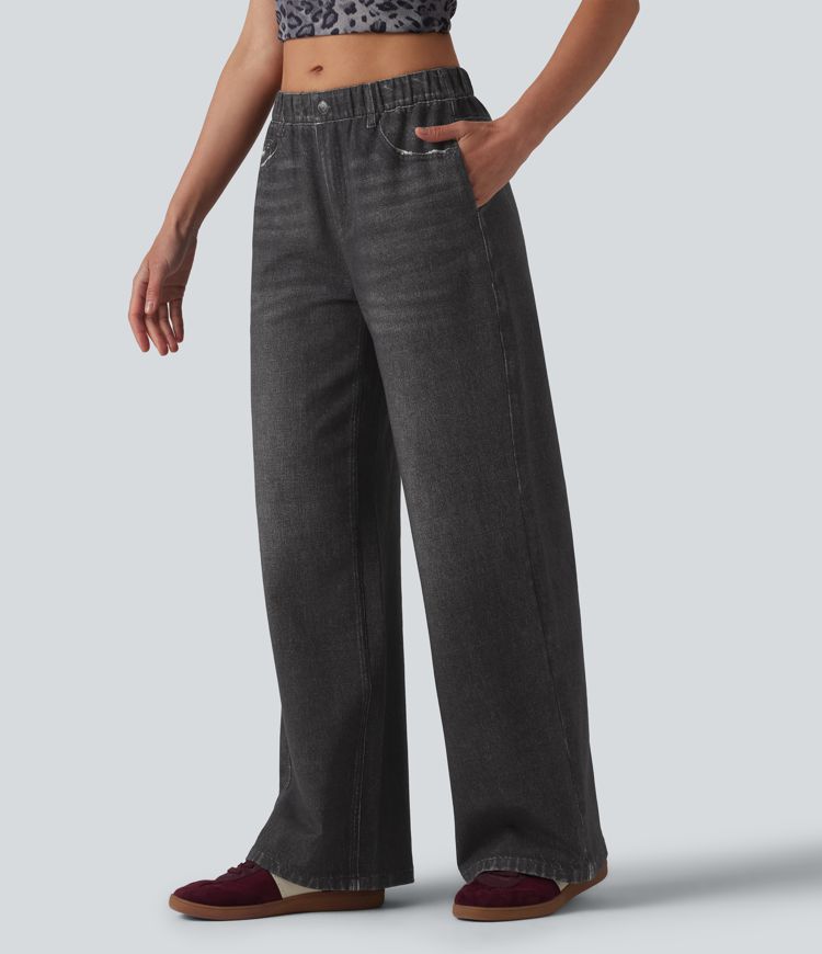 Halara Flex™ - Lässige Baggy-French-Terry-Denimjoggers mit mittelhohem Bund, Seitentaschen und weitem Bein