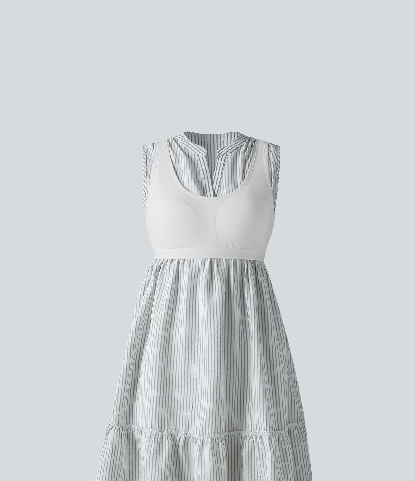 V Neck Built-in Bra Sleeveless Stripe Midi Dress