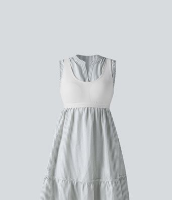V Neck Built-in Bra Sleeveless Stripe Midi Dress