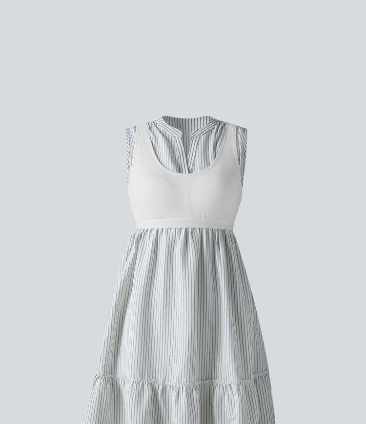V Neck Built-in Bra Sleeveless Stripe Midi Dress